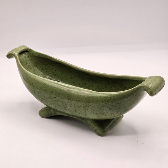 Vintage-Inspired Footed Studio Pottery Bowl - Art Deco Green Speckled Decor - Picture 1 of 9